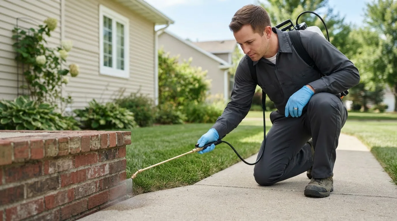 Pest control technician treating a home near Stoneham, MA
